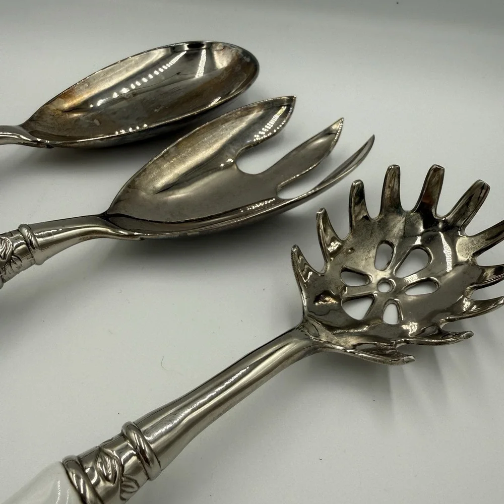 Three Piece Elegant Godinger Silver Plate Serving Set White Porcelain Handle